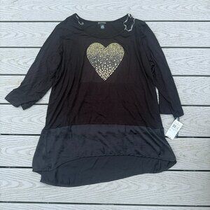 New Directions Women's 1X Black  3/4 Sleeve Tunic Shirt Gold Silver Heart Sequin